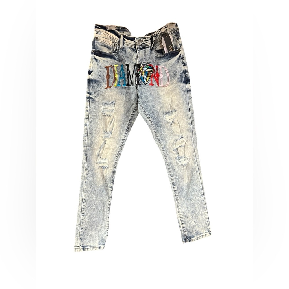 Track 23 Light Blue Distressed Jeans with Colorful Embroidery Size 32x30 NWT